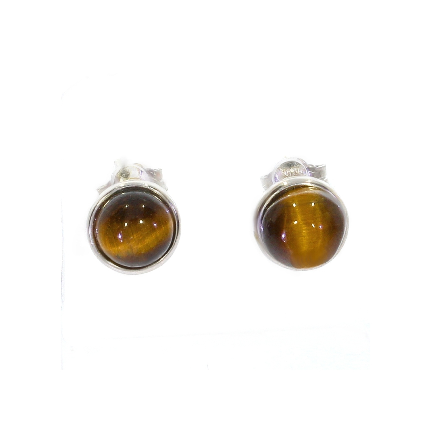 Boucles D'oreilles En Oeil De Tigre Et Argent 925 - Puces - Fermoir à Clous - Occasion