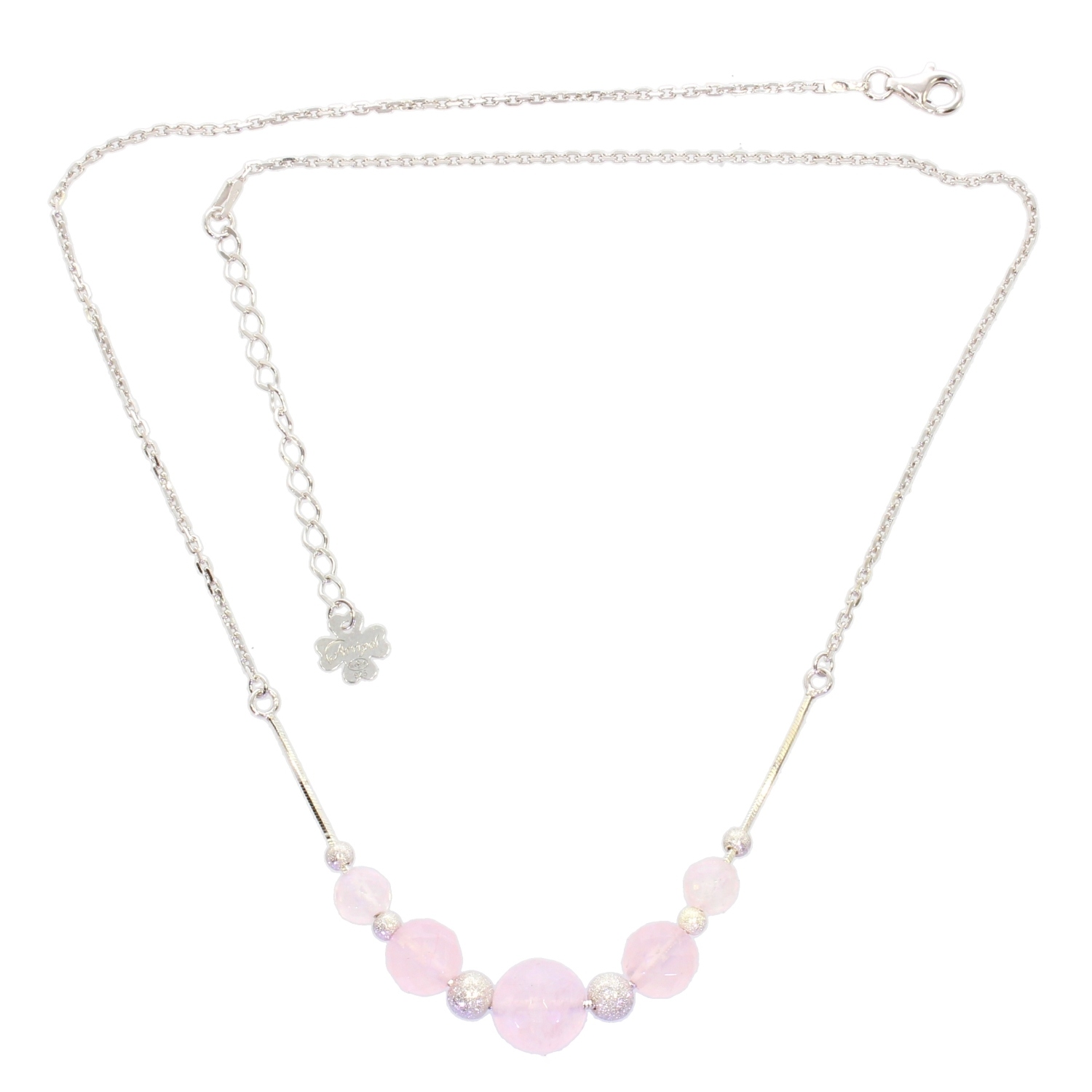 Collier Ras De Cou En Argent 925 Rhodié Avec Quartz Rose – Longueur 42 Cm, Neuf Avec étiquettes