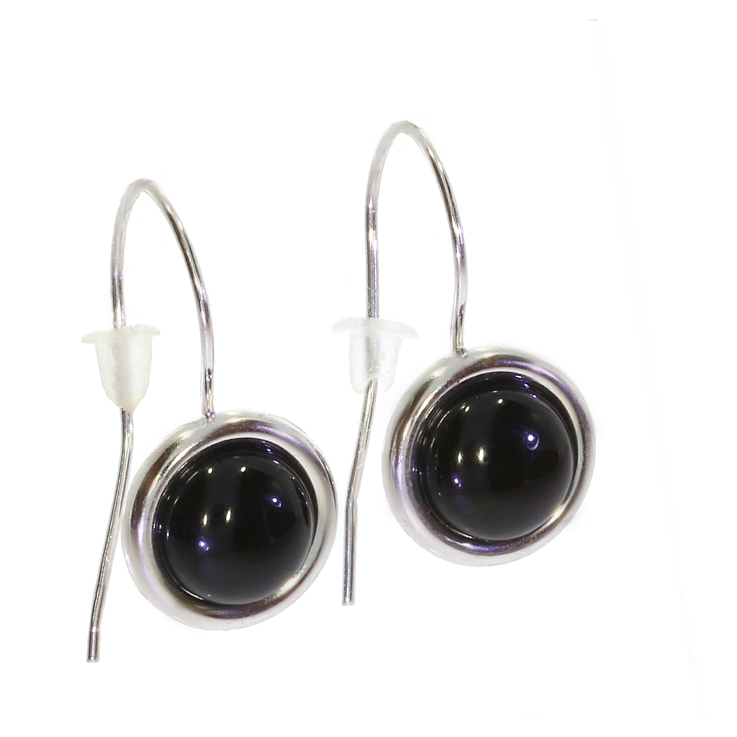 Boucles D'oreilles Puces En Argent Massif Rhodié Avec Onyx Noir 8mm - Neuves Avec étiquettes, Marque Bijouxia