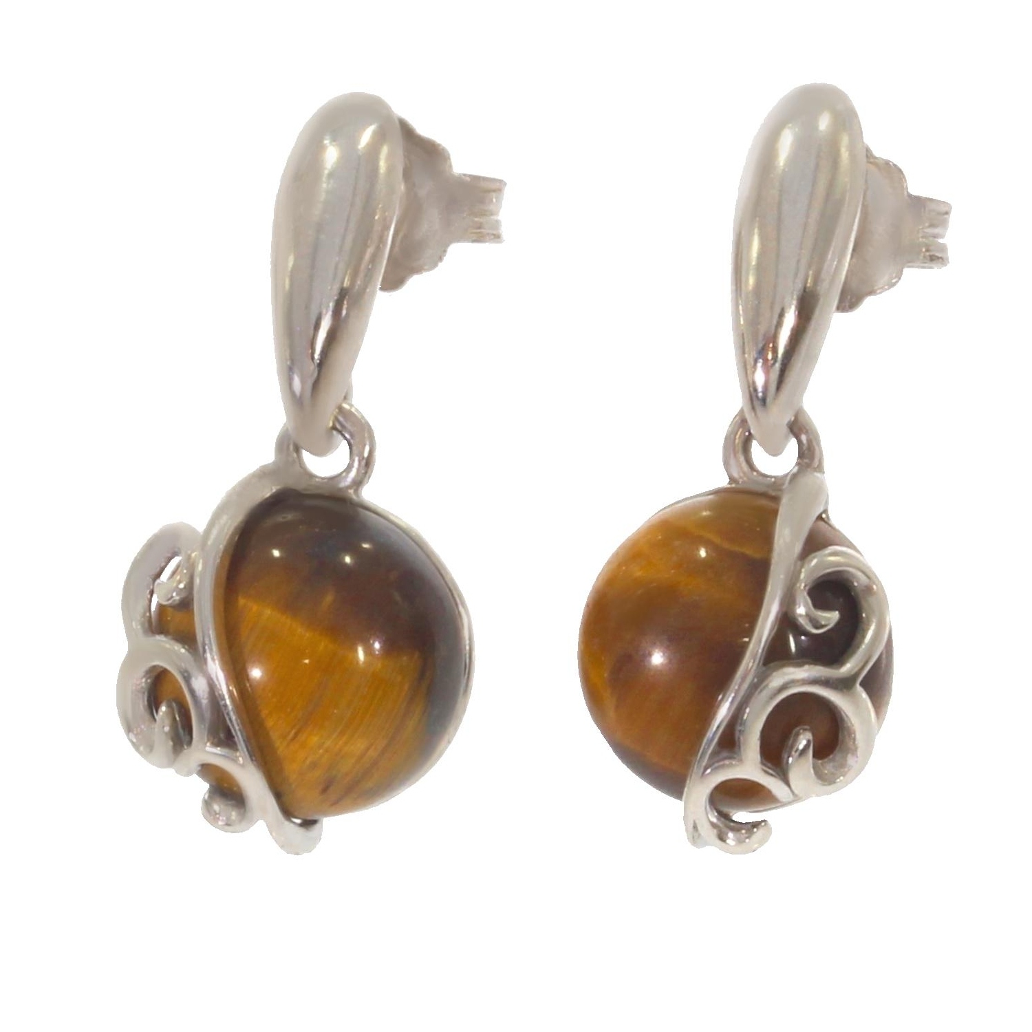 Boucles D'oreilles Argent 925 Avec œil De Tigre Véritable - Pendantes Mandala - Neuf Sans Emballage