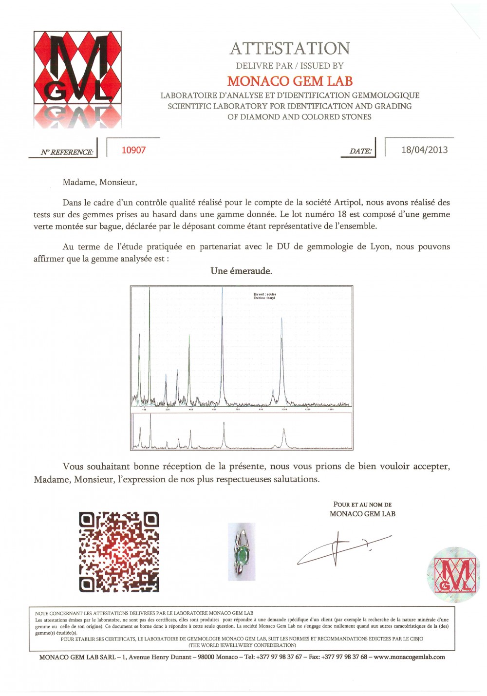 Certificat d'authenticité -  Emeraude 