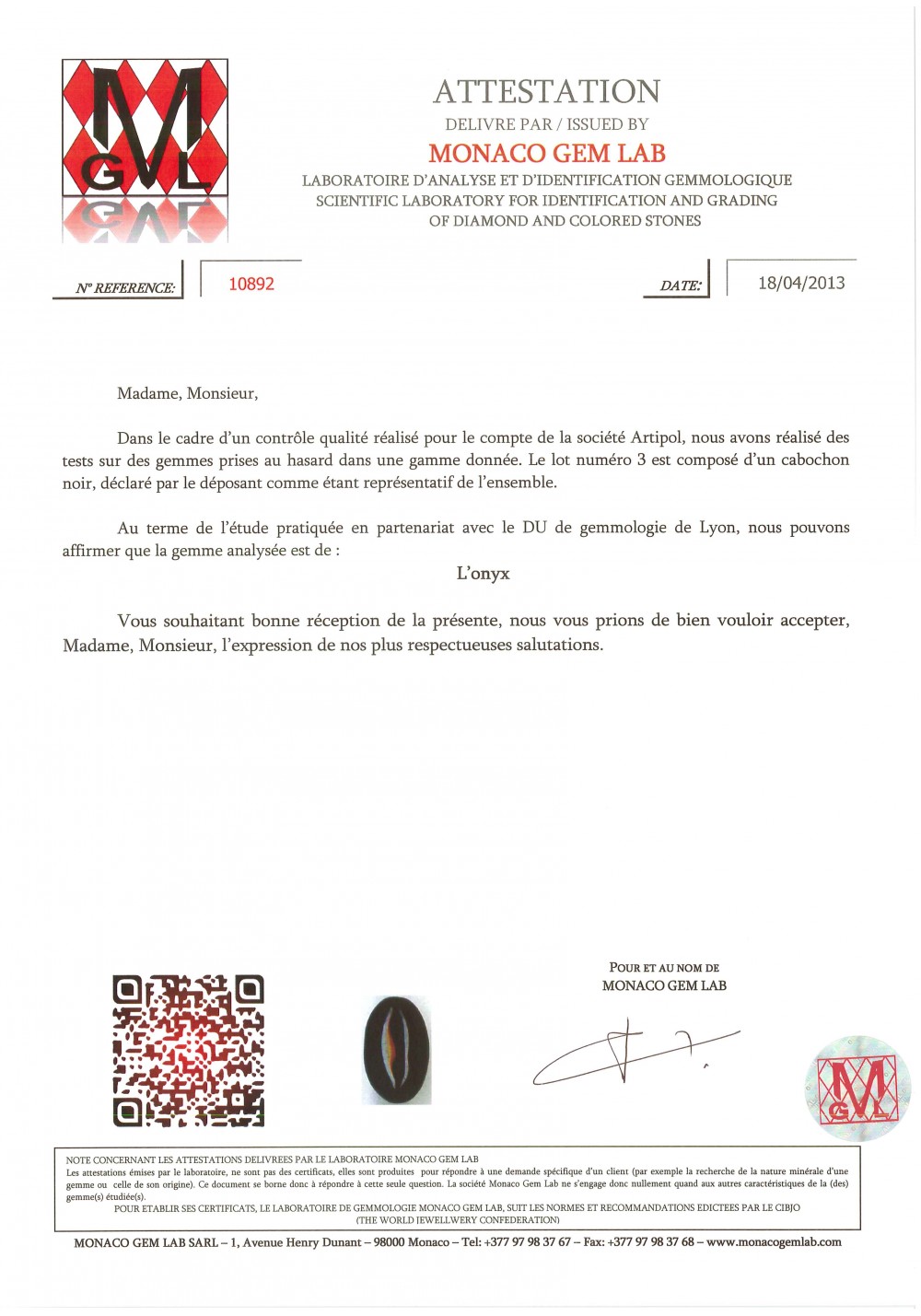 Certificate of authenticity - Black Onyx