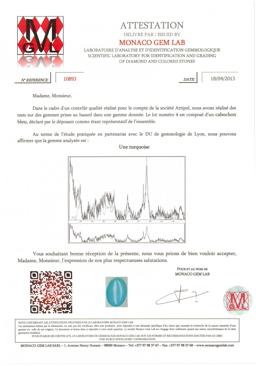 Certificat d'authenticité - Turquoise naturelle